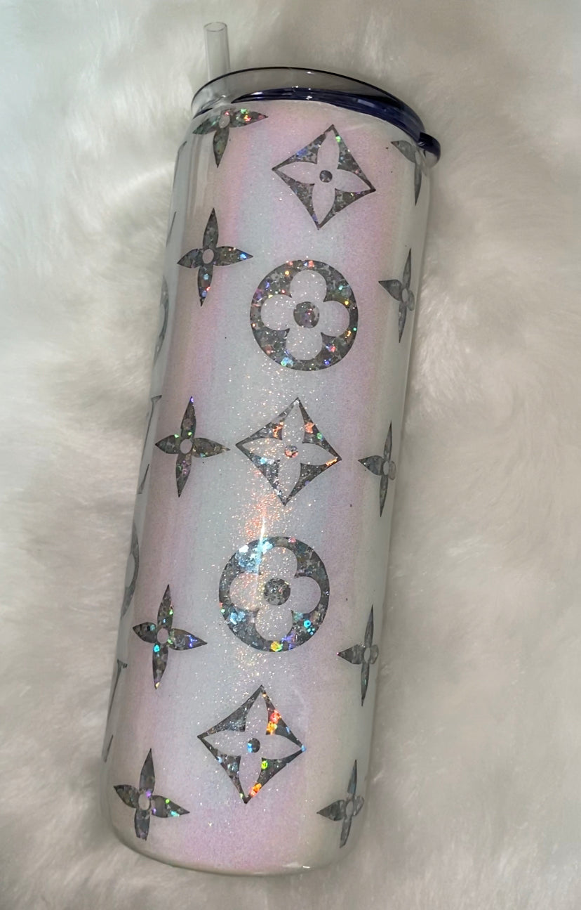 RTS 20 fl. oz Skinny Tumbler White/ Silver Holographic LV glitter epoxy