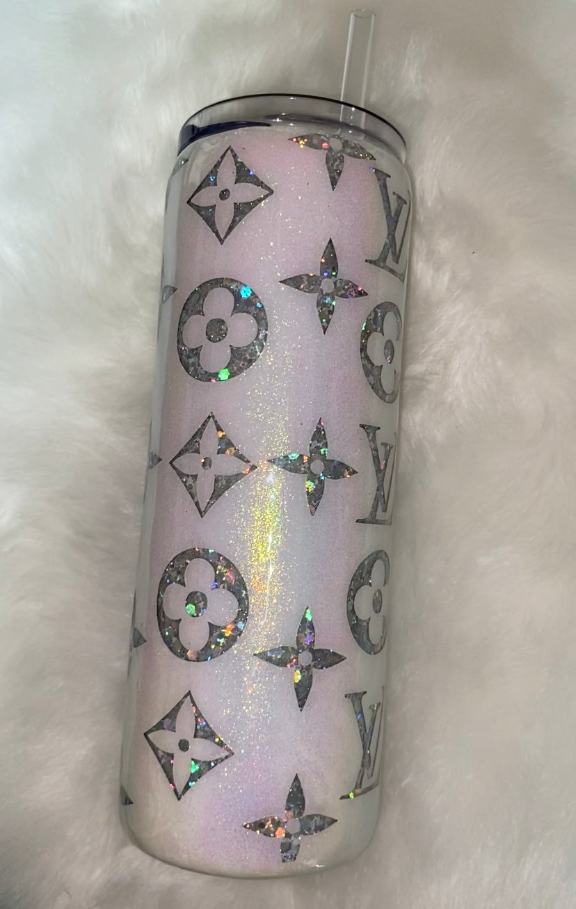 RTS 20 fl. oz Skinny Tumbler White/ Silver Holographic LV glitter epoxy