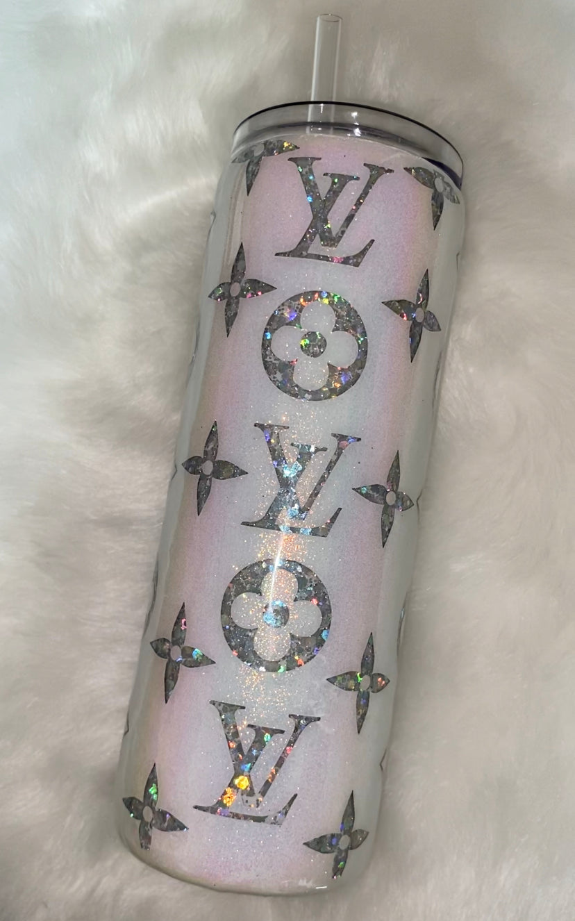 RTS 20 fl. oz Skinny Tumbler White/ Silver Holographic LV glitter epoxy
