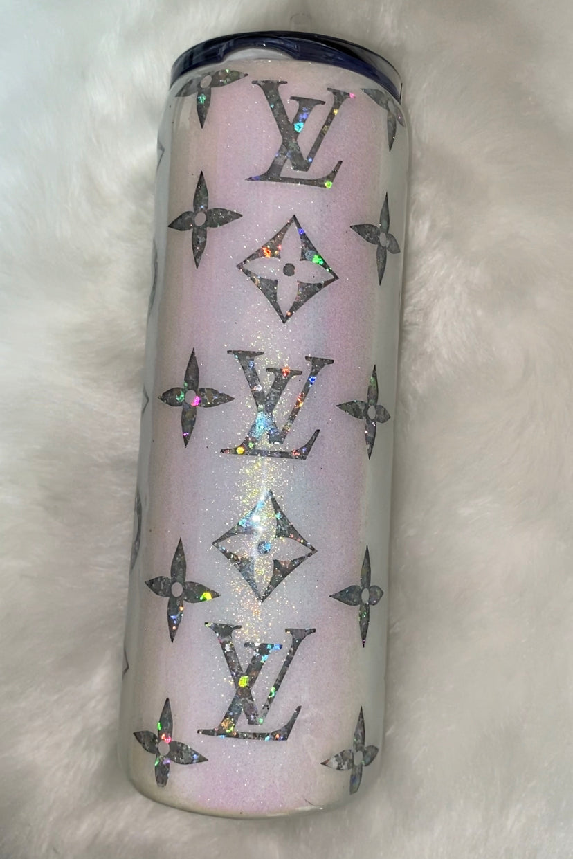 RTS 20 fl. oz Skinny Tumbler White/ Silver Holographic LV glitter epoxy
