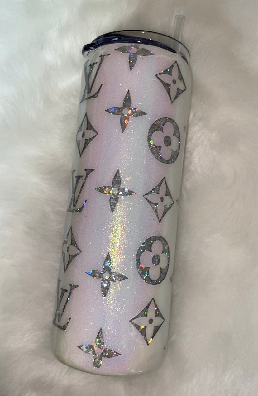 RTS 20 fl. oz Skinny Tumbler White/ Silver Holographic LV glitter epoxy