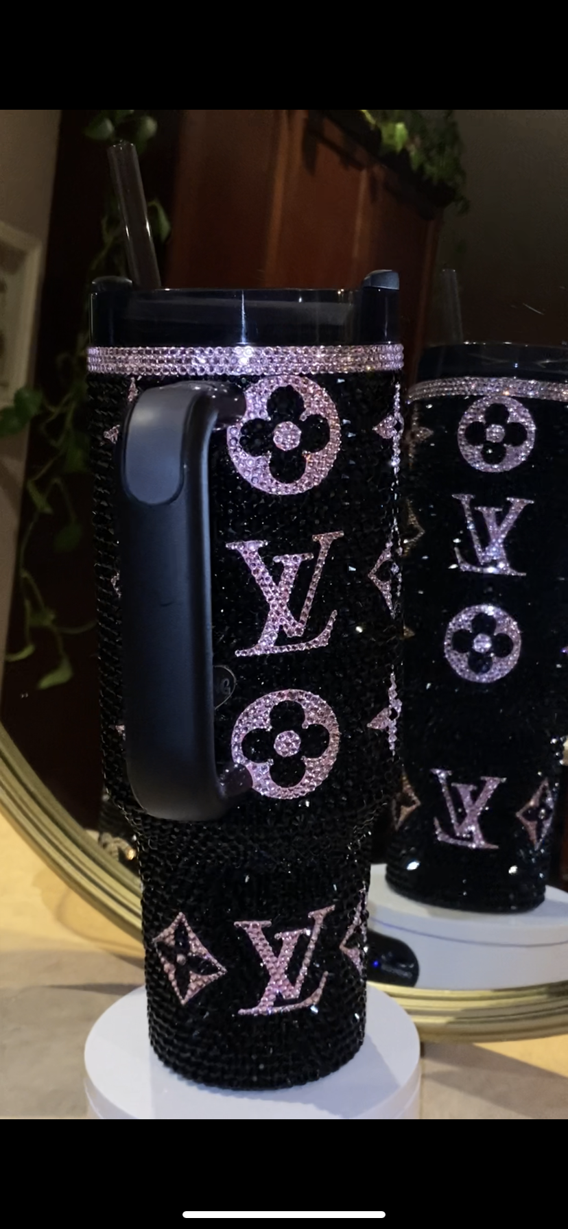 RTS Pink & Black LV Stanley Tumbler Rhinestoned 40 fl. OZ