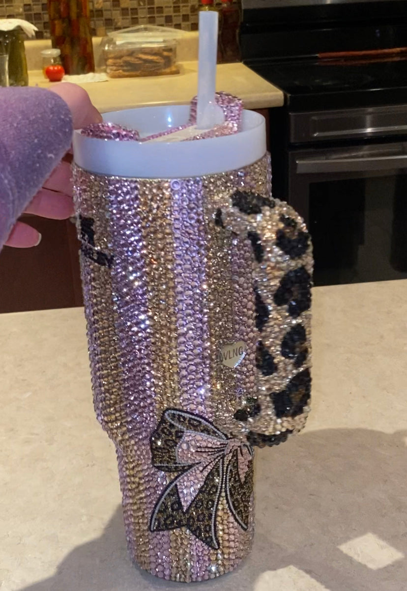 RTS Striped Leopard Bow Stanley Tumbler 40 fl. OZ Bedazzled