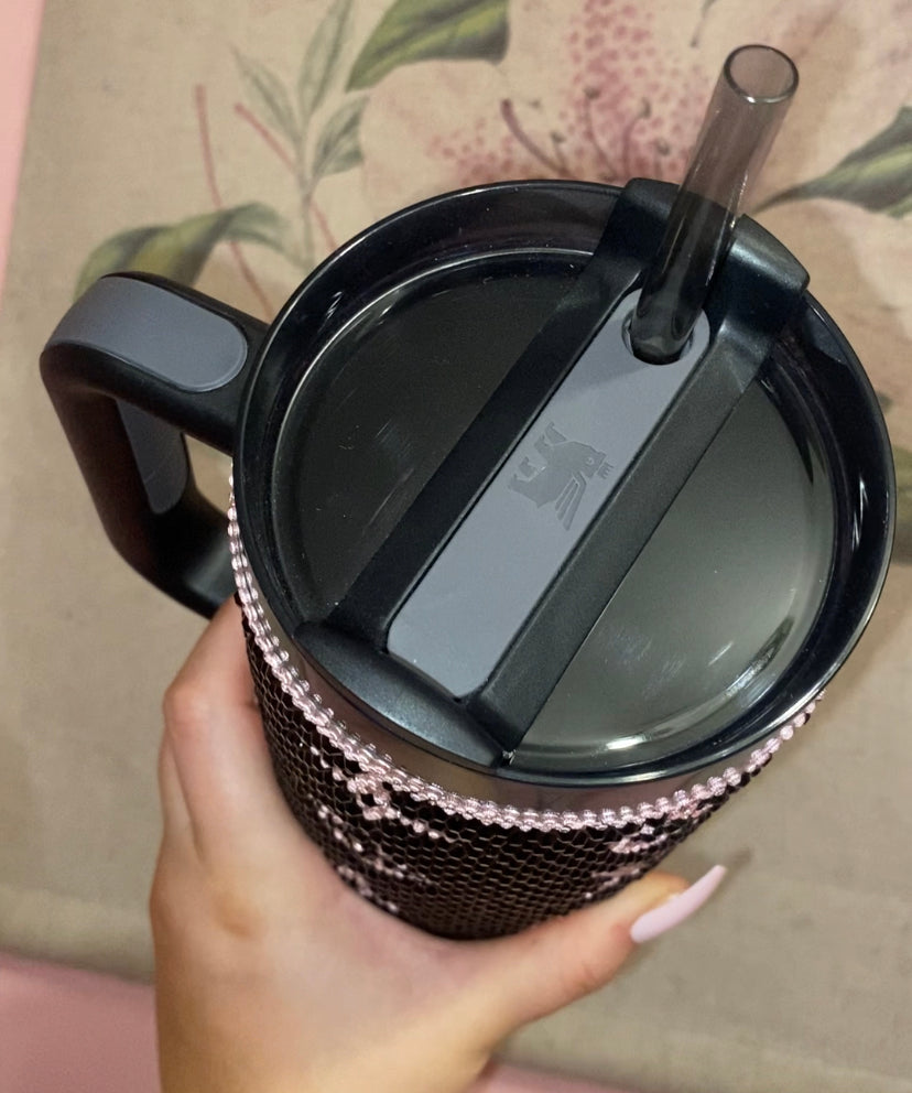 RTS Pink & Black LV Stanley Tumbler Rhinestoned 40 fl. OZ