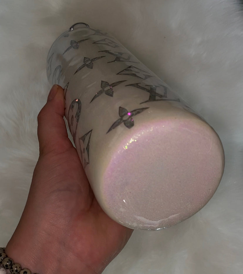 RTS 20 fl. oz Skinny Tumbler White/ Silver Holographic LV glitter epoxy