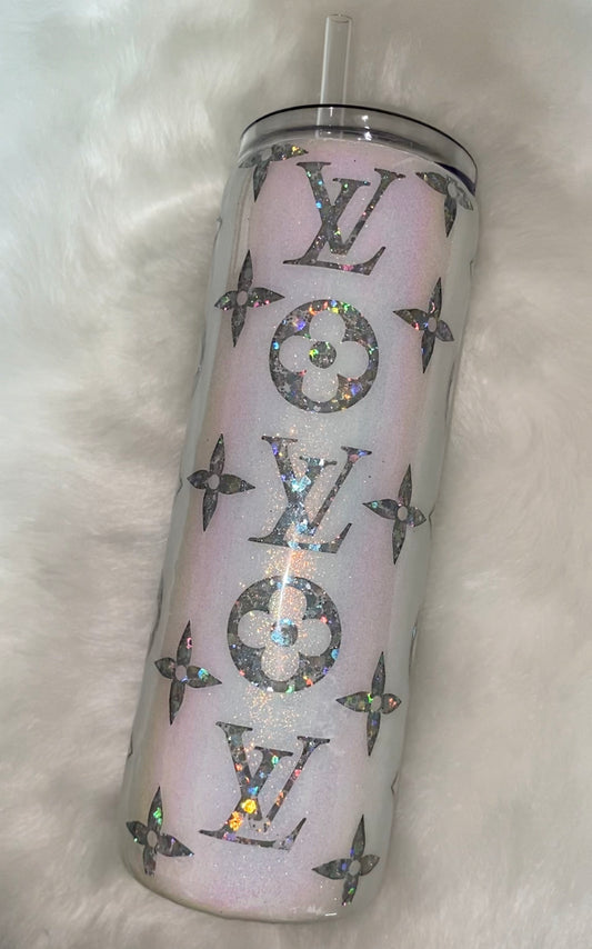 RTS 20 fl. oz Skinny Tumbler White/ Silver Holographic LV glitter epoxy