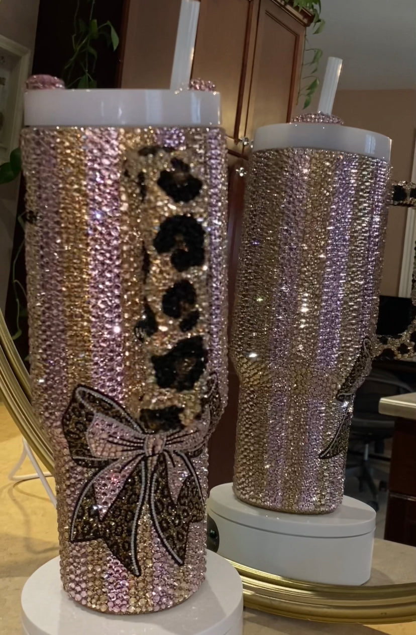 RTS Striped Leopard Bow Stanley Tumbler 40 fl. OZ Bedazzled