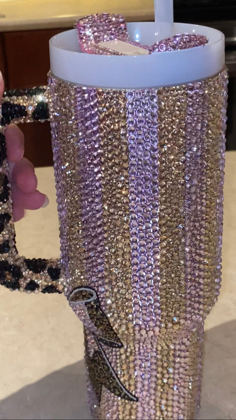 RTS Striped Leopard Bow Stanley Tumbler 40 fl. OZ Bedazzled