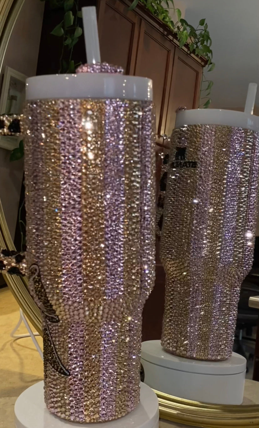 RTS Striped Leopard Bow Stanley Tumbler 40 fl. OZ Bedazzled